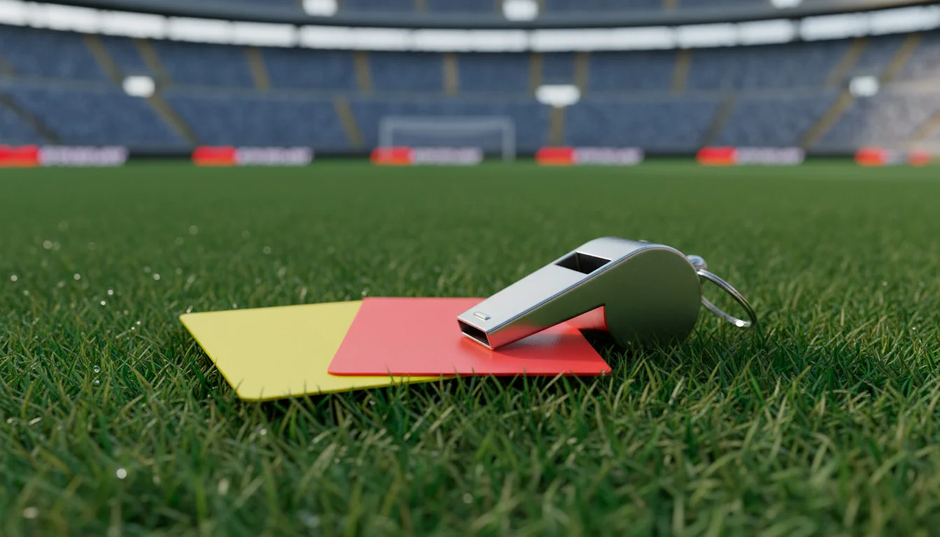 Tarjetas amarilla y roja de árbitro junto a un silbato sobre césped de fútbol italiano