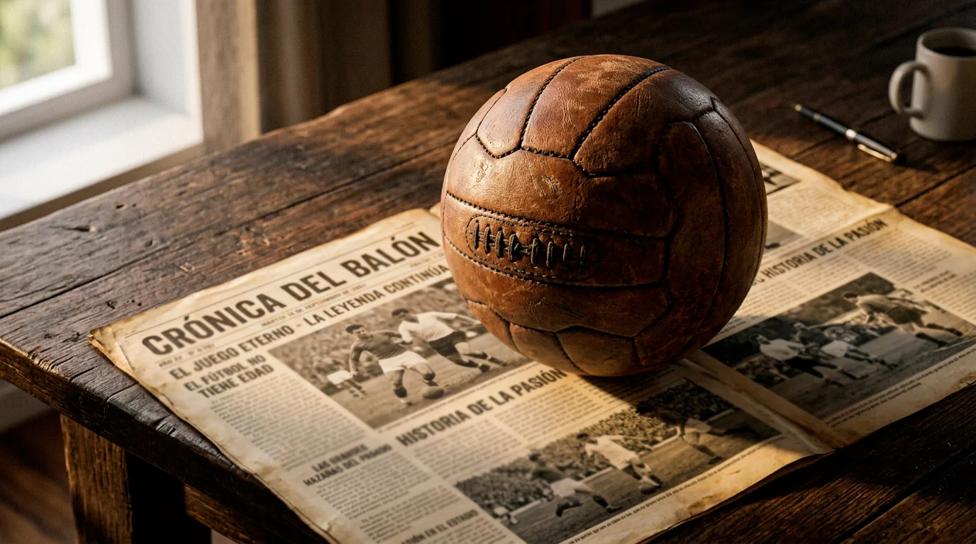 Periódico deportivo italiano antiguo sobre una mesa de madera con un balón de fútbol clásico