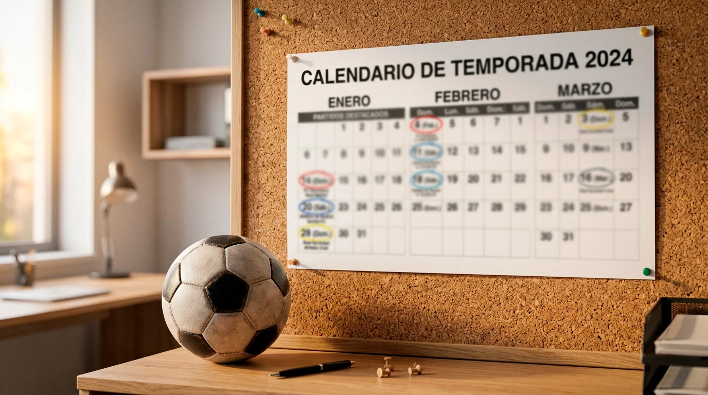 Calendario deportivo con marcas sobre una mesa junto a un balón de fútbol de Serie A