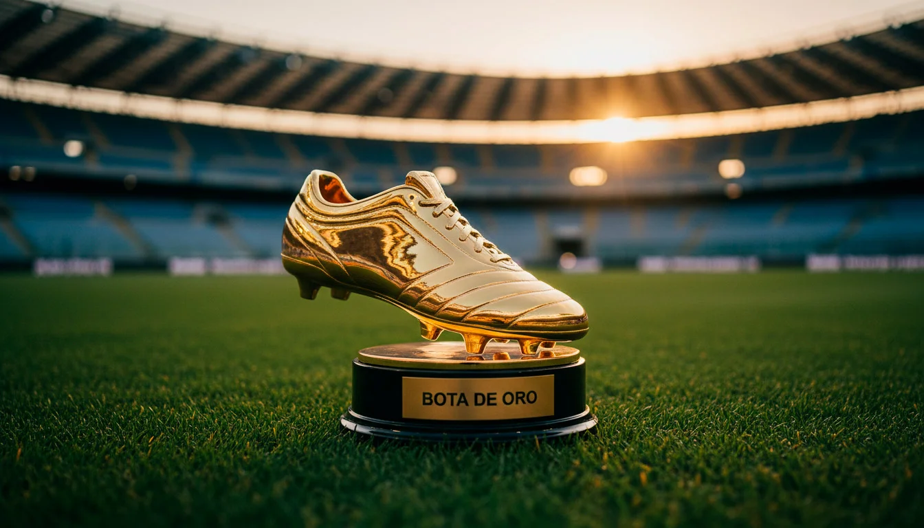 Bota de fútbol dorada sobre césped de un campo de fútbol italiano al atardecer