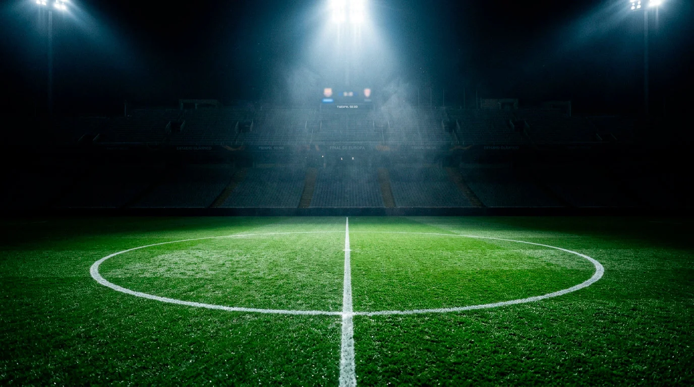 Campo de fútbol con el círculo central iluminado bajo focos de un estadio europeo nocturno