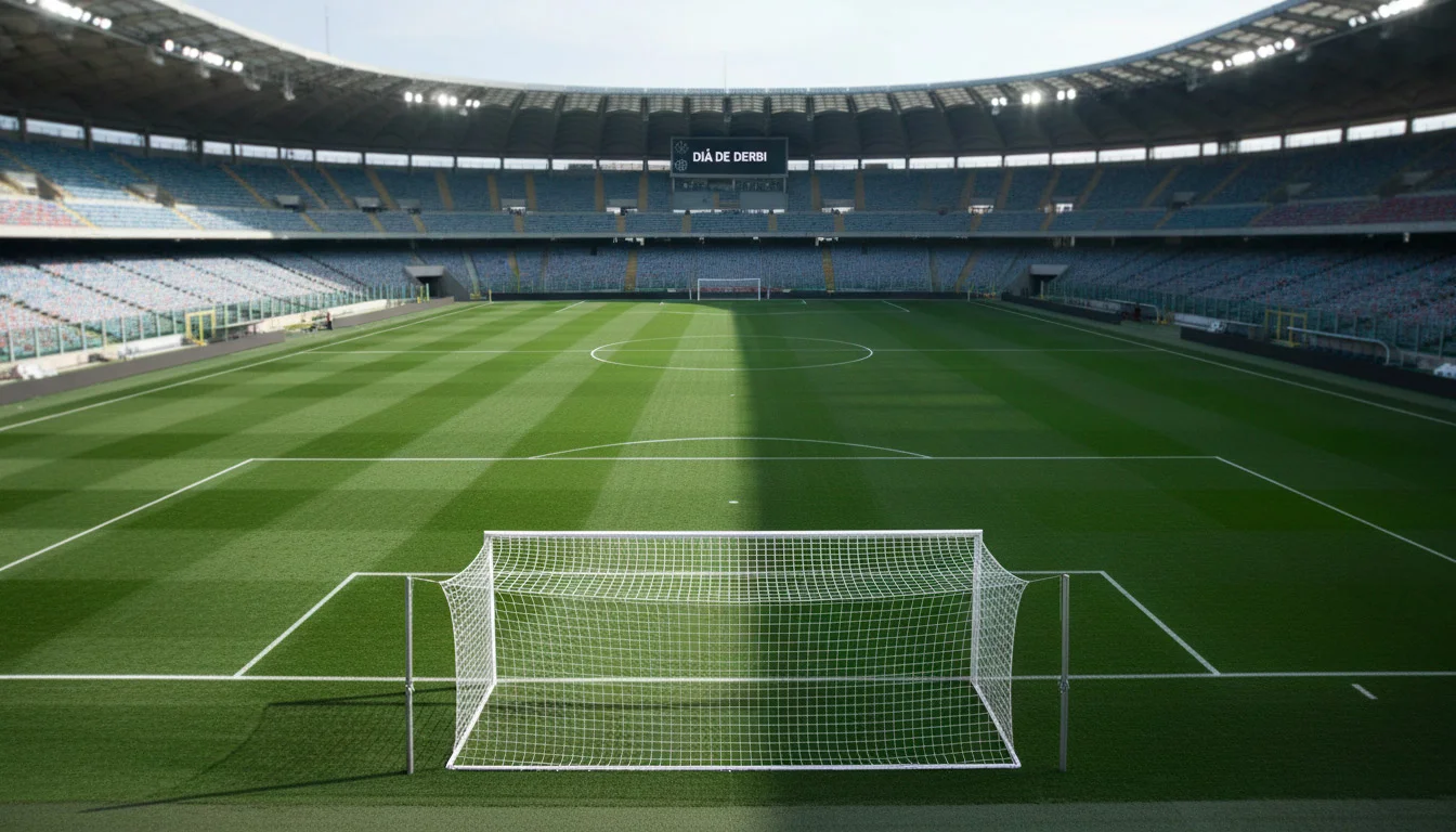 Dos mitades de un campo de fútbol con colores contrastantes representando un derbi italiano