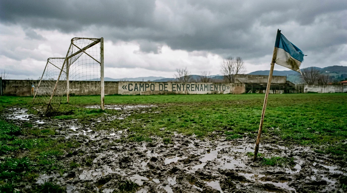 Zona baja de la tabla de clasificación de un campo de fútbol italiano con césped desgastado