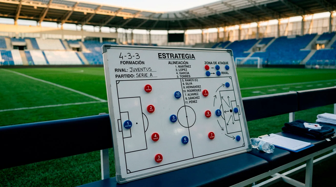 Pizarra táctica de fútbol con esquemás de juego junto al banquillo de un estadio italiano
