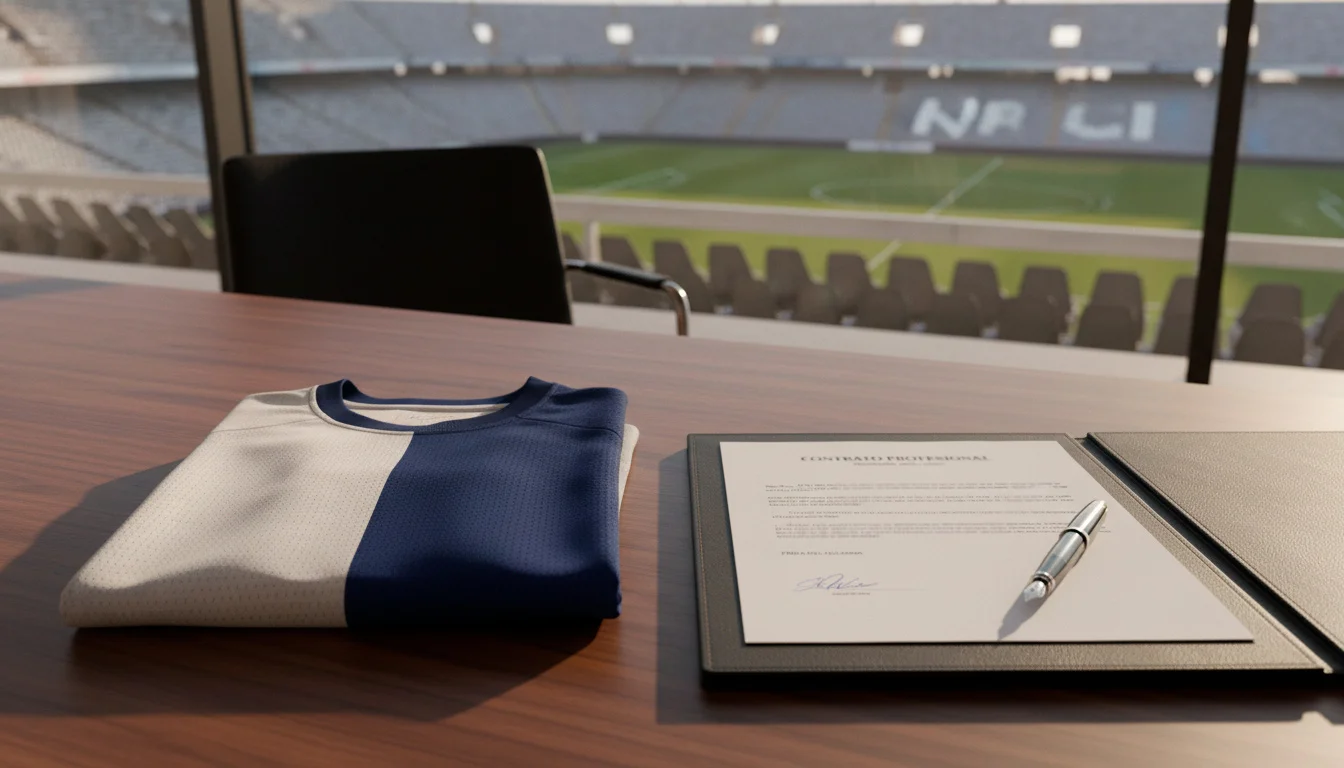 Camiseta de fútbol nueva doblada sobre un escritorio con documentos de traspaso
