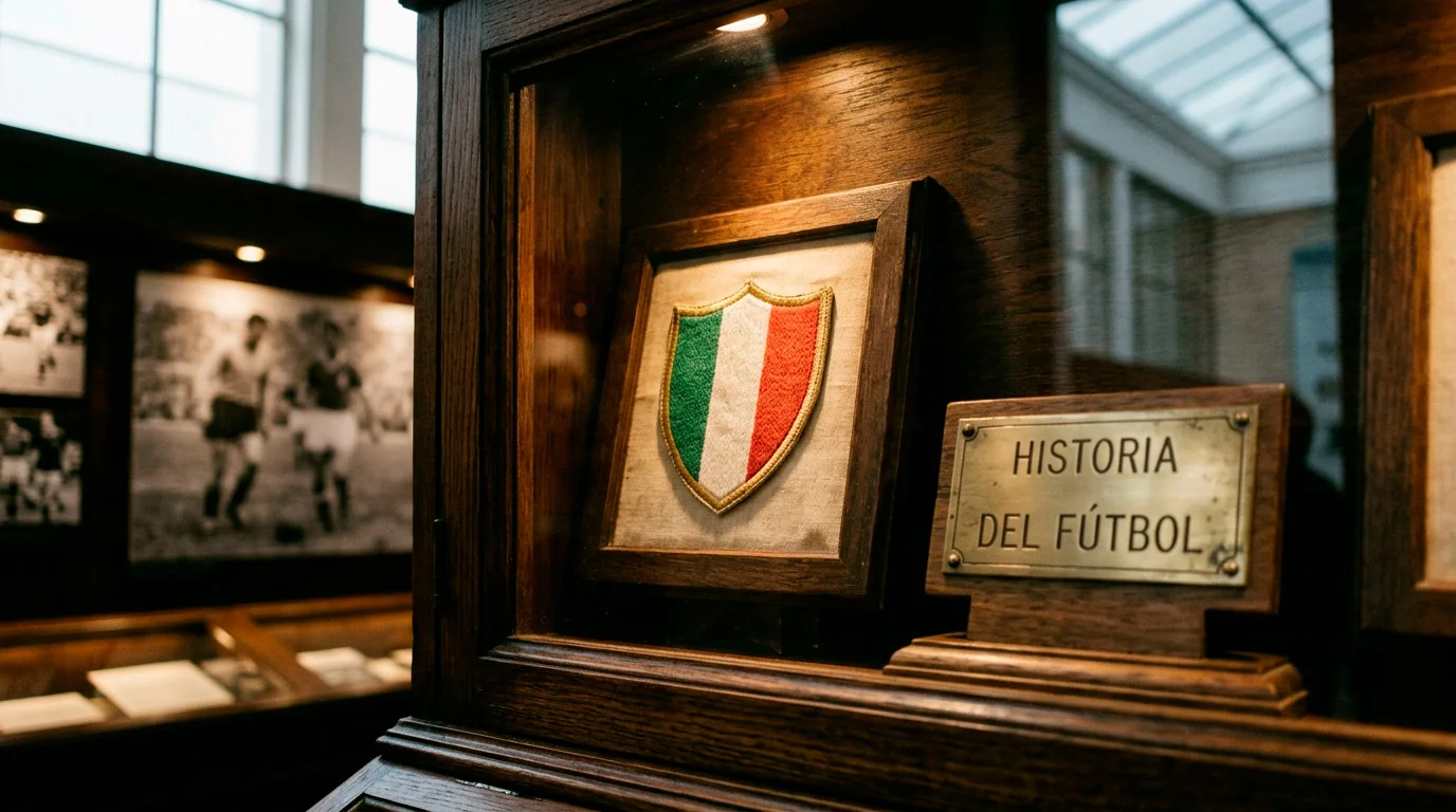 Trofeo del Scudetto italiano con el escudo tricolor sobre una vitrina de madera antigua