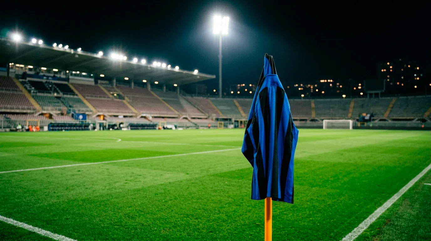 Estadio de fútbol italiano con camiseta azul y negra del Inter sobre el césped bajo focos nocturnos