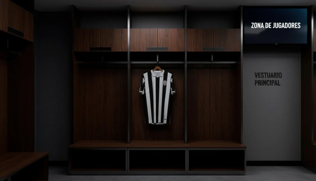 Estadio de fútbol con camiseta blanca y negra de la Juventus sobre un banco del vestuario