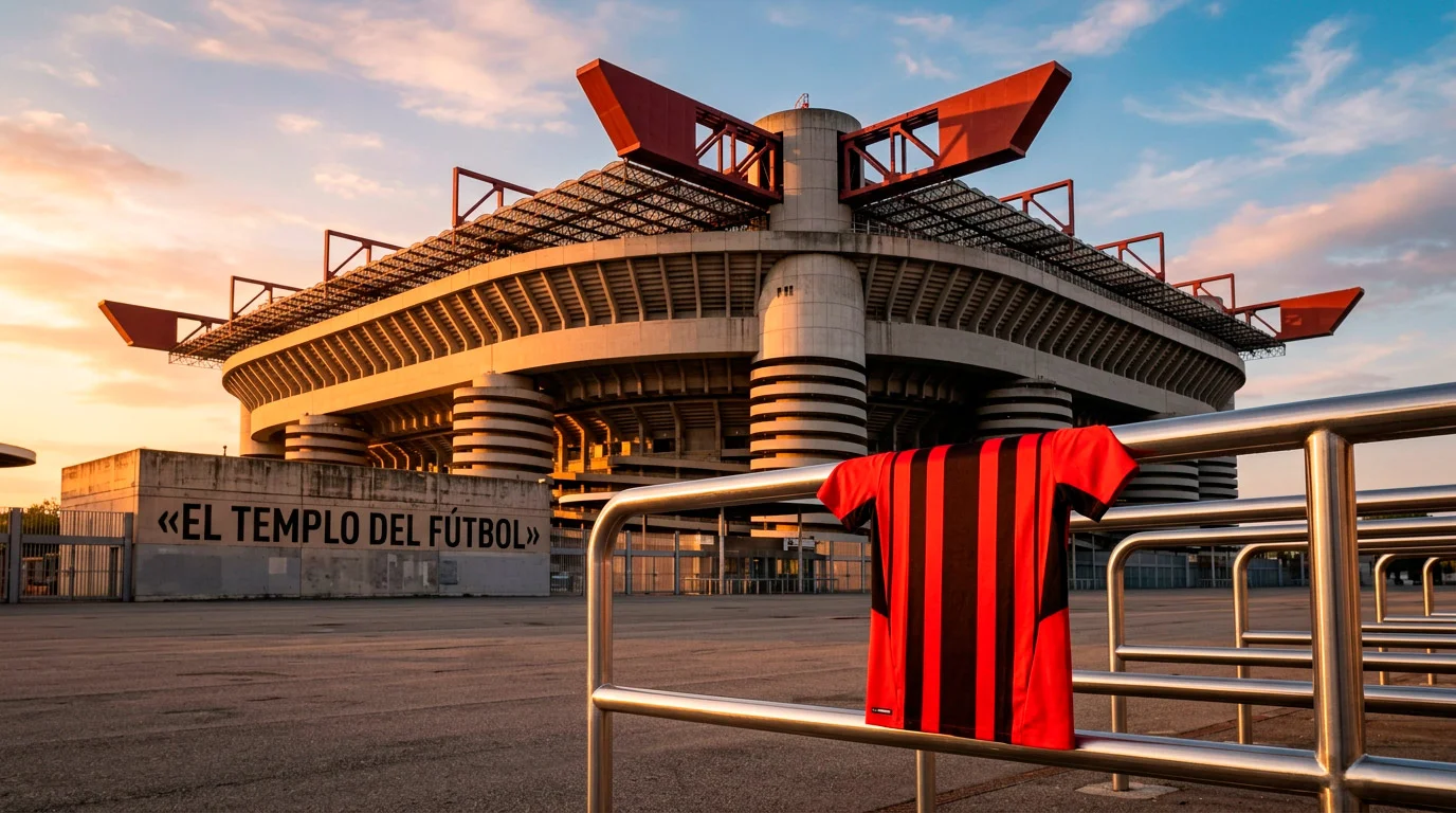 Estadio San Siro de Milán al atardecer con césped verde y camiseta roja y negra