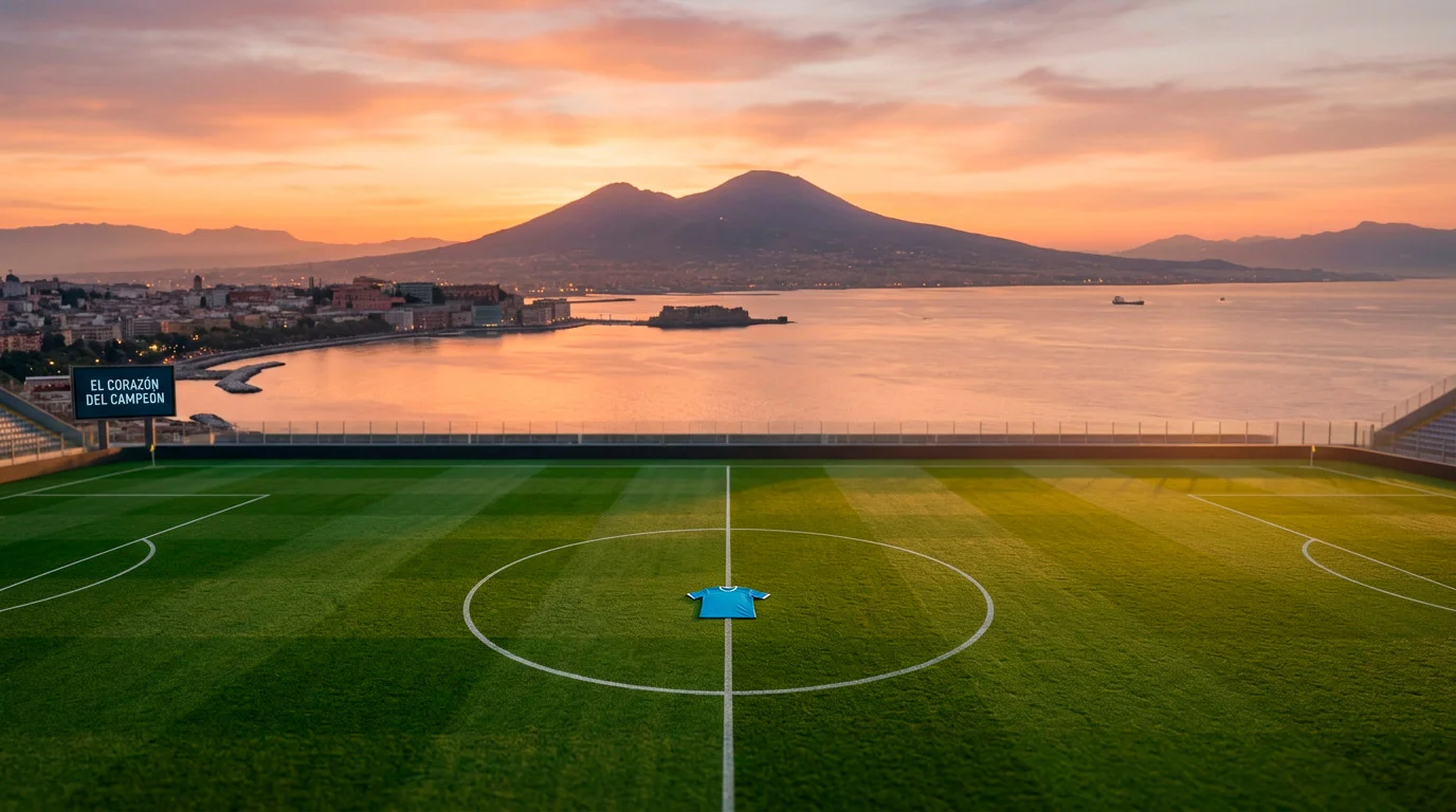 Vista del golfo de Nápoles con un estadio de fútbol y camiseta azul celeste del Napoli