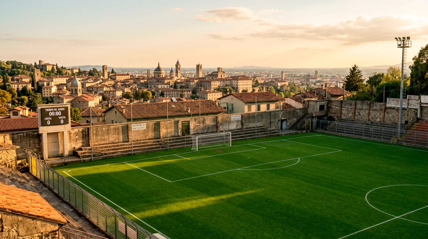 Estadio de fútbol de ciudad media italiana con gradas modestas y césped perfecto