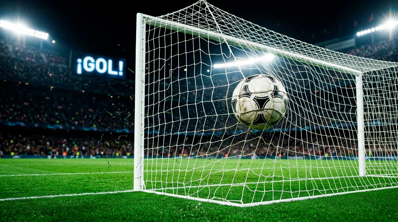 Portería de fútbol con un balón entrando en la red en un estadio italiano