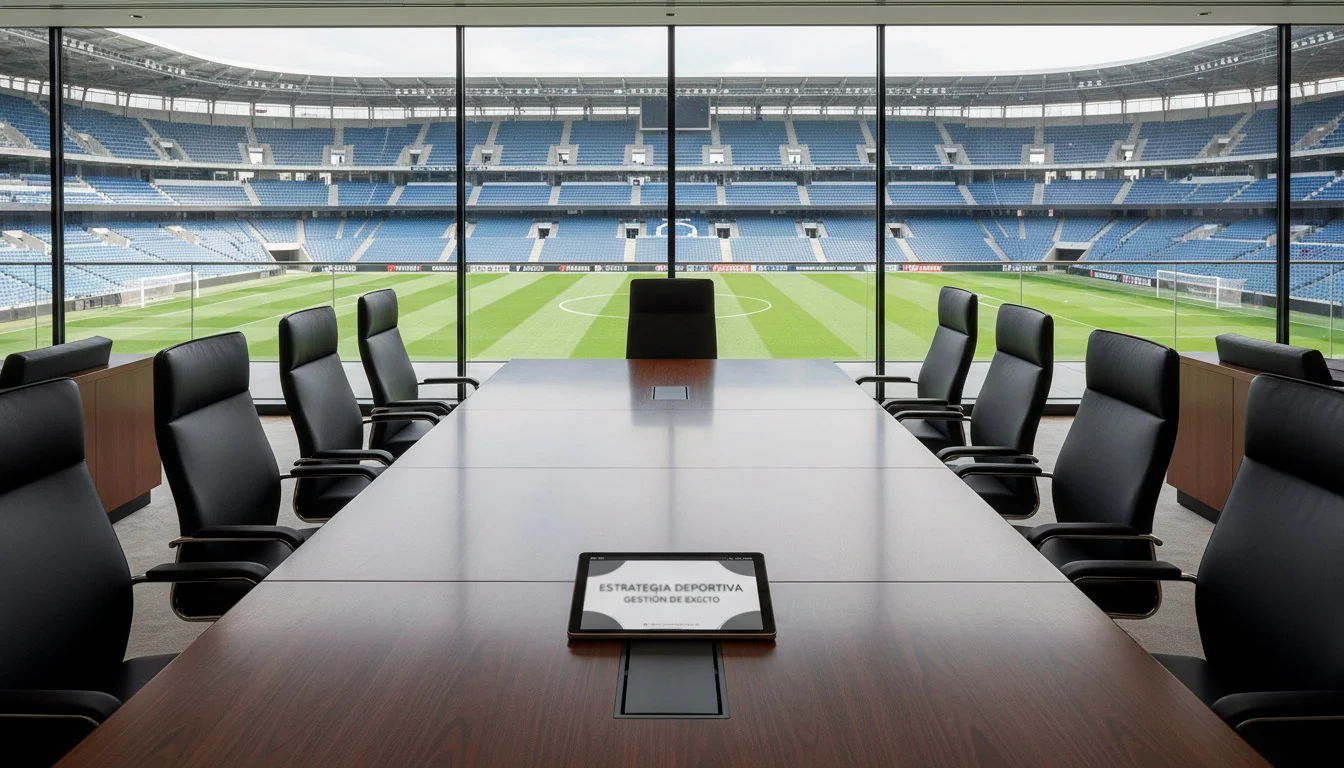 Sala de juntas corporativa con vista a un estadio de fútbol italiano al fondo