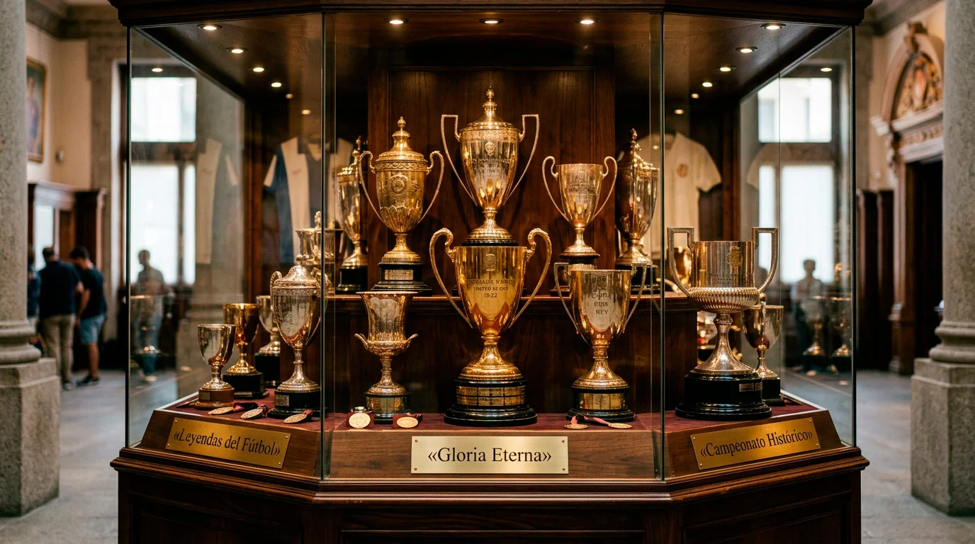 Vitrina de trofeos de fútbol italiano con placas doradas en un museo deportivo