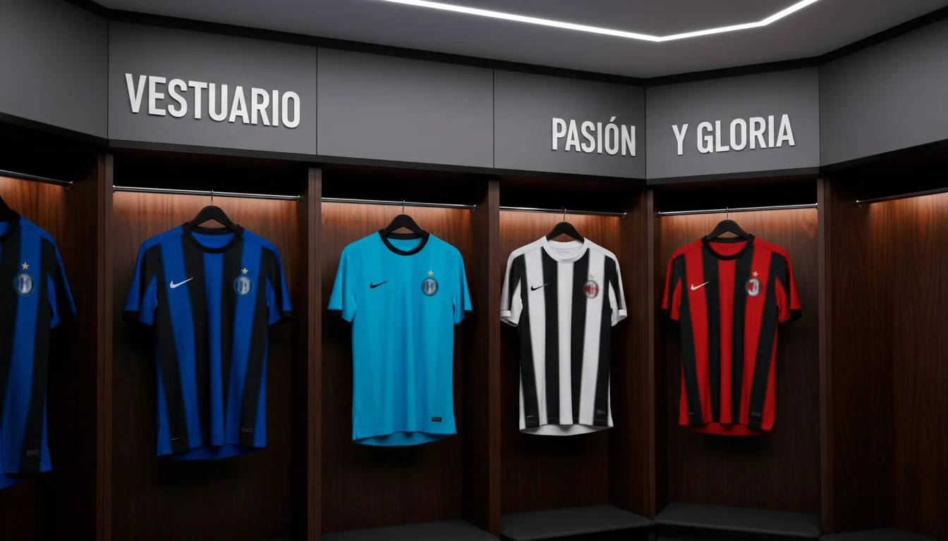 Cuatro camisetas de fútbol colgadas en un vestuario italiano representando los puestos de Champions