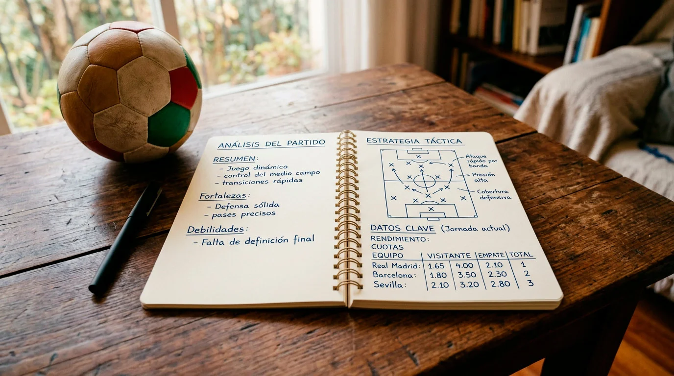 Cuaderno de notas con análisis de cuotas de fútbol junto a un balón de fútbol italiano